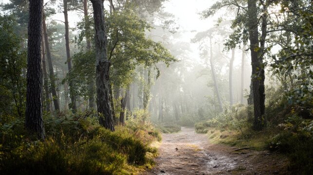 quiet forest path in early morning light, soft fog, peaceful natural colors, feeling of harmony and calm, minimal composition