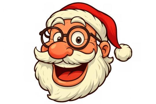 Santa claus head wearing a red hat, glasses, and a long white beard, smiling and winking, representing christmas and winter holidays