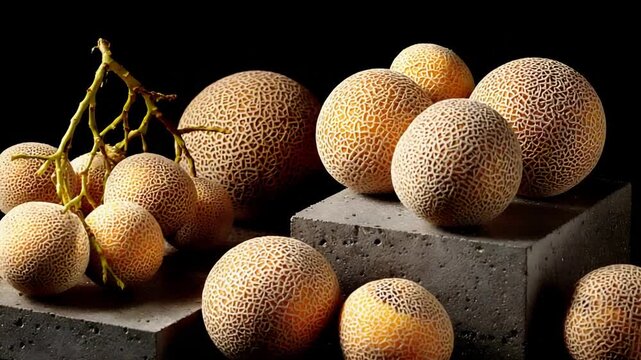 Ripe Cantaloupes with Intricate Netting Texture Displayed on Dark Pedestals.