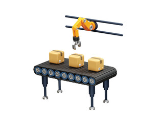 Automated Production Line with Robotic Arm and Conveyor Belt 3d icon rendering illustration
