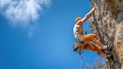 Athletic caucasian rock climber ascends a steep challenging cliff face under a clear bright blue sky with scattered clouds