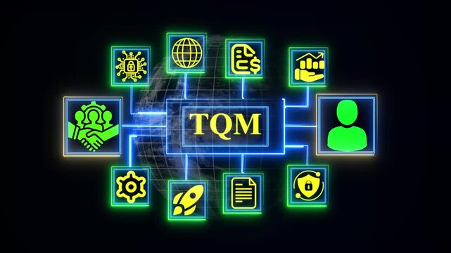 Minimalist TQM concept diagram with glowing green and aqua nodes and icons on world-wide black background Key Responsibility Area