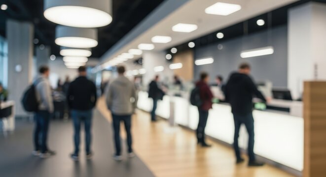 Modern Bank Hall Blur &ndash; A blurred view of teller counters and waiting customers inside a bank.