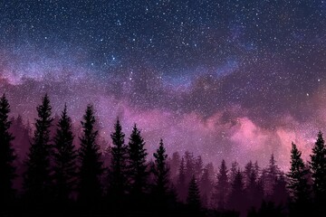 Fototapeta premium Dramatic Starry Night Sky with Milky Way Above Dark Forest Silhouette in Gradient of Deep Blues Purples and Pinks Creating Dreamlike Atmospheric Landscape