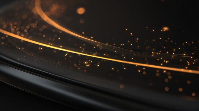 sleek black glass digital surface with golden UI elements and floating light particles, futuristic premium design