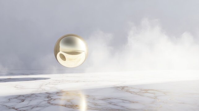 sleek futuristic scene with floating chrome and gold sphere above matte marble surface, gentle white mist, soft volumetric lighting, modern