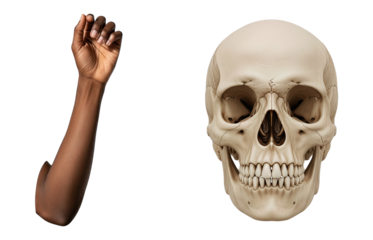 Black Woman Hand , Realistic Human Skull Isolated on transparent background Anatomy Concept Study Medical Education Forearm Bone Structure Contrast