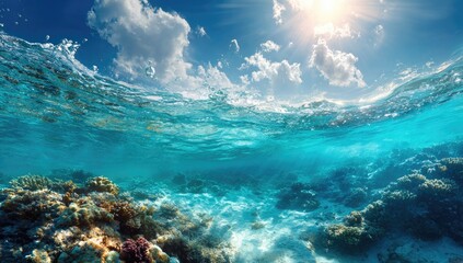 Stunning Underwater Coral Reef Scene with Sunlight.