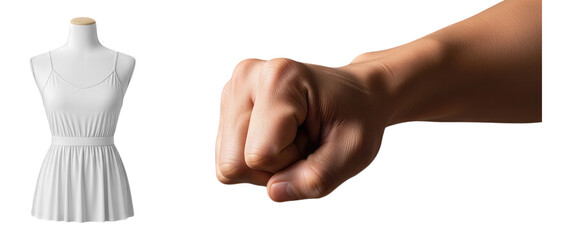Mockup of a white sleeveless dress on a torso mannequin next to a strong male fist ready to punch concept of confrontation fashion industry conflict or personal