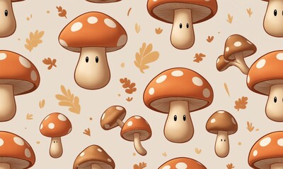 Adorable cartoon mushrooms with cute faces create a whimsical pattern perfect for children's designs and playful themes.