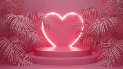Romantic pink podium with heart shaped neon light and tropical palm leaves