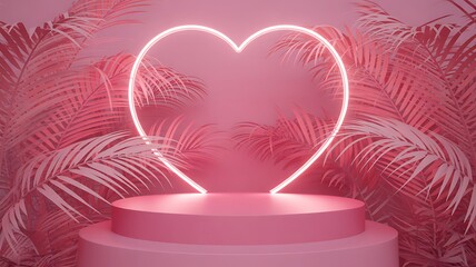 Elegant pink podium with heart shaped neon light and tropical palm leaves