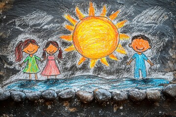 Colorful children's drawing depicting a family under a bright sun