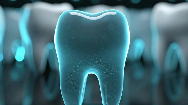 Futuristic glowing 3d tooth render symbolizing dental protection enamel strength hygiene care and clean clinic technology background​. Dental care neon tooth. Glowing 3d tooth render