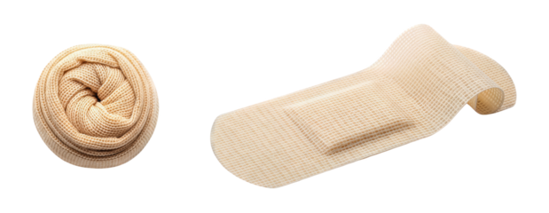 Compression Stocking Rolled Up Next to Unfurled Elastic Compression Bandage Beige Skin Tone Medical Support Fabric Wound Care Material Isolated on transparent