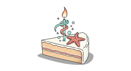 Slice of Birthday Cake with Starfish and Candle Illustration.