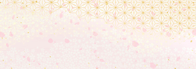 麻の葉模様と桜の花柄を組み合わせた和風背景イラスト