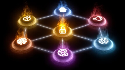 Abstract Network Security Concept with Glowing Icons and Connections on Black