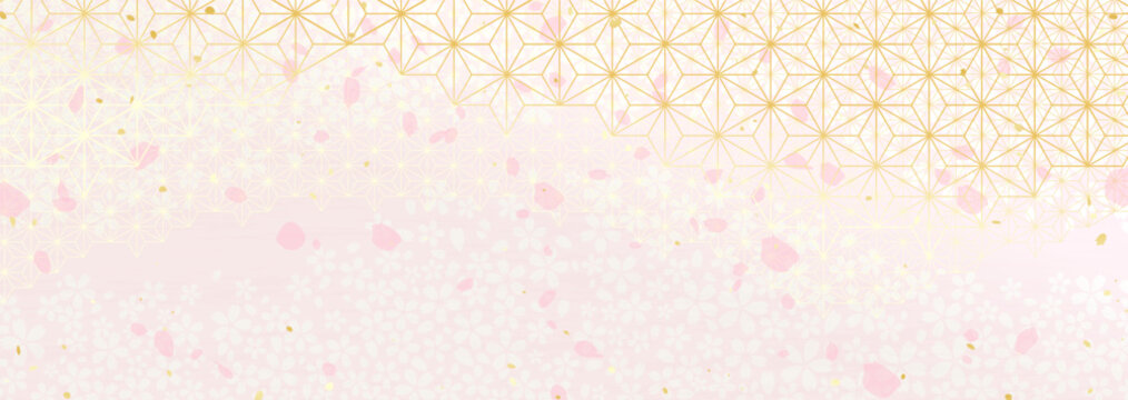 麻の葉模様と桜の花柄を組み合わせた和風背景イラスト