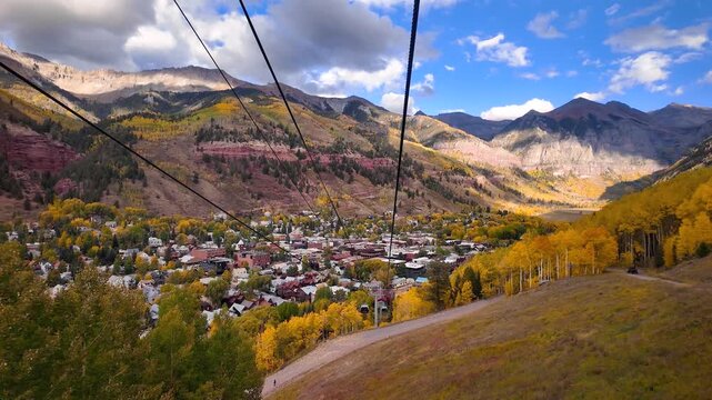 Slow motion of famous gondola ride at tourist town Telluride , Colorado during autumn time.