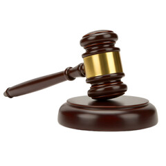 Legal Gavel Wooden Hammer with Gold Band on Round Base in Transparent Background