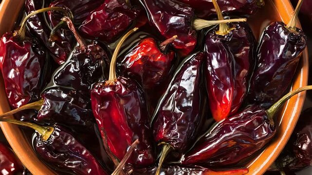 Dark Red Dried Chili Peppers Soaking in Liquid for Spicy Culinary Dish Preparation.