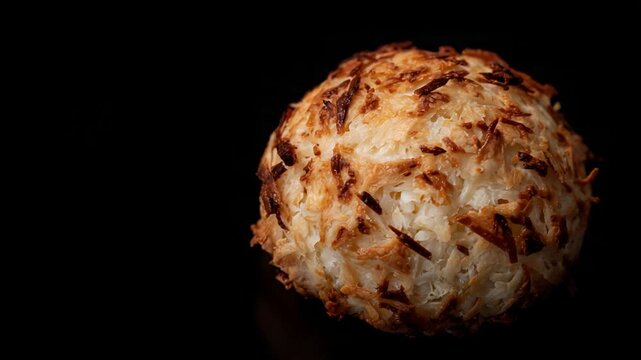 Sweet homemade coconut macaroon with toasted flakes slowly rotates on a black background.