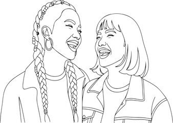 Vector outline of two happy women laughing together, friendship and joy line art illustration