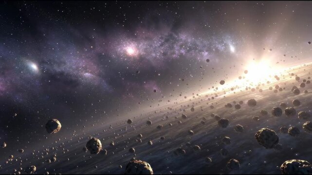 Stunning Cosmic Landscape with Asteroids, Stars, and Galaxies in the Depths of Outer Space