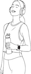 Vector outline woman listening to music with headphones and holding water bottle, fitness style