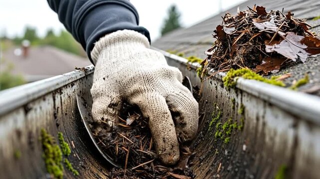 Hand Cleaning Dirty Home Gutter of Decaying Leaves and Pine Needles - Seasonal Home Maintenance, Spring Cleaning and Yard Work Chores