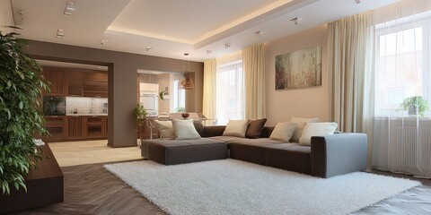 Luxurious Living Room Interior Design Featuring Brown Sofa White Carpet and Kitchen View Neutral Tones with Art and Decorative Curtains