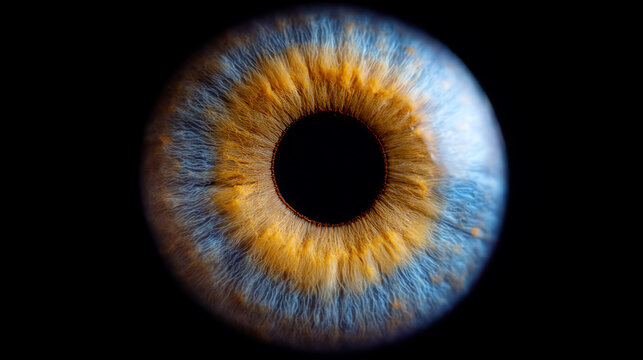 Close-up macro photograph of a human eye iris showing intricate blue and golden brown patterns surrounding the pupil against a black background