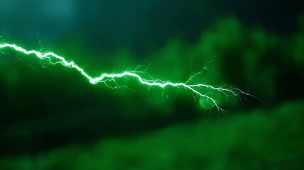 Bright green lightning bolt streaks across a dark, blurred background, showcasing dynamic electric energy with vivid, branching tendrils and a glowing, intense light effect