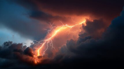 Fototapeta premium A vivid lightning bolt illuminates dark storm clouds, creating a dramatic contrast between the fiery electric streak and the ominous sky during a thunderstorm