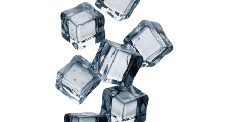 Scattered ice cubes with water droplets splashing and falling against a bright transparent background perfect for drink refreshment cooling concepts and cold