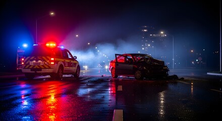 Nighttime Traffic Accident Scene with Emergency Lights and Wet Road