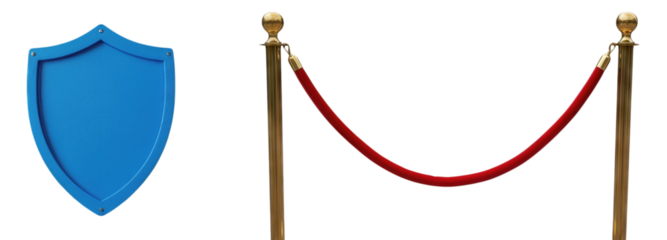 Blue Security Shield Protection Symbol Next to Gold Stanchion and Velvet Rope Barrier for VIP Access Queue Control Event Management Security Concept Isolated on