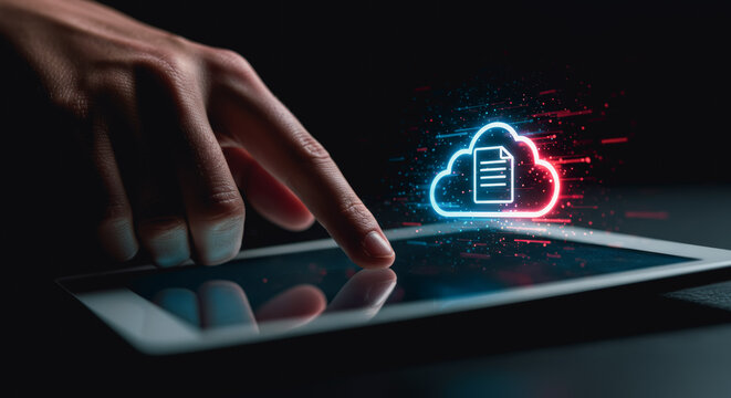 A hand interacts with a digital tablet displaying a futuristic cloud computing concept. This image represents modern technology, with a person interacting with cloud computing.