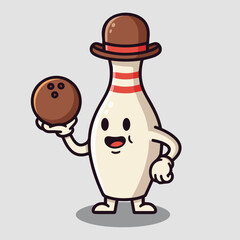 A friendly cartoon bowling pin mascot wearing a classic bowler hat while holding a bowling ball, a charming sports character illustration for a bowling alley