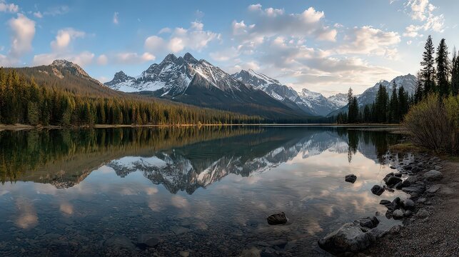 Scenic Mountain Reflection in Clear Lake with Rocky Shoreline Evergreen Trees and Blue Sky with Clouds Panoramic Landscape - Powered by Adobe