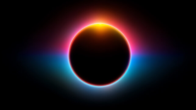 Solar eclipse with vibrant neon glow in red, orange, blue, and pink hues against a black background, creating a futuristic and cosmic visual effect