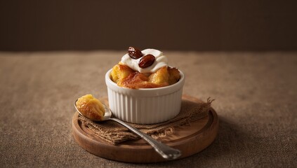 Bread and Butter Pudding, warm baked layers of buttery bread soaked in creamy custard, topped with raisins and golden crust, classic British dessert visuals