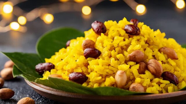 Delicious Yellow Poha or Festive Rice Dish Garnished with Nuts, Served on a Leaf.