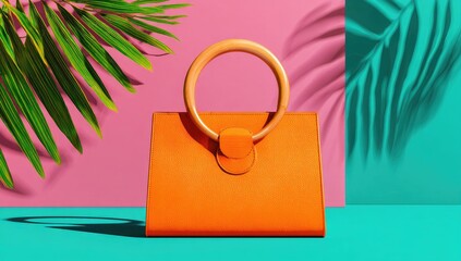Orange handbag on a colorful background with palm leaves.
