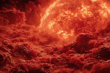 Fiery Celestial Body Radiating Energy Above Textured Red Surface with Illuminated Particles