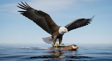 Obraz premium Majestic bald eagle soars with catch over tranquil blue ocean waters under a clear sky, symbolizing power and freedom