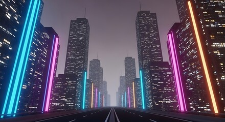 Futuristic cityscape with neon lights and tall skyscrapers at night