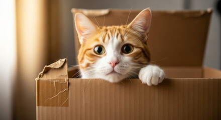 Curious orange tabby cat peeking over cardboard box edge, soft warm lighting creating cozy atmosphere