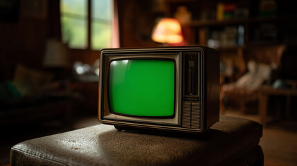 Vintage television with a green screen sits on a leather ottoman in a cozy, dimly lit living room with warm tones and blurred background details